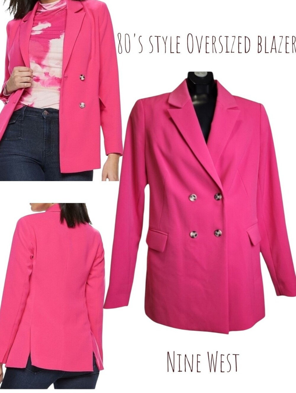 Nine West Women's 80's hot pink fuchsia oversized Blazer shoulder pads 4